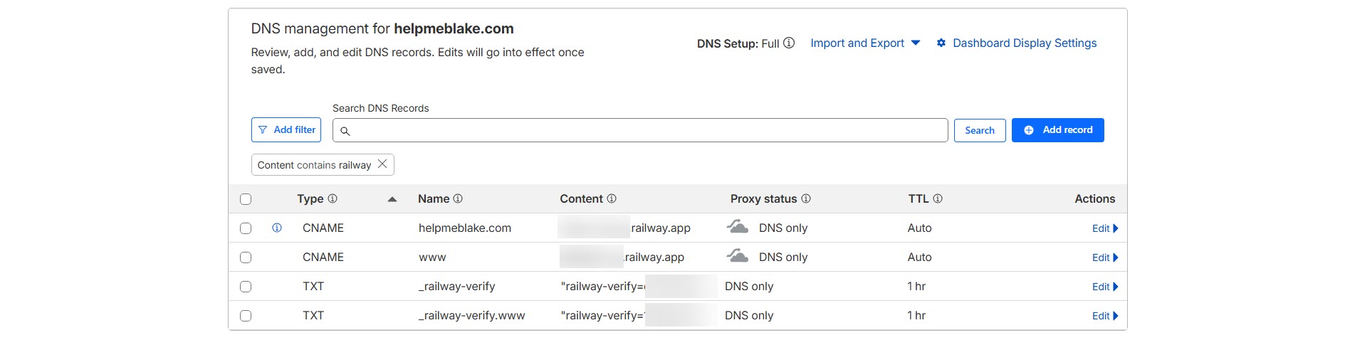 Cloudflare DNS configuration showing CNAME record pointing to Railway